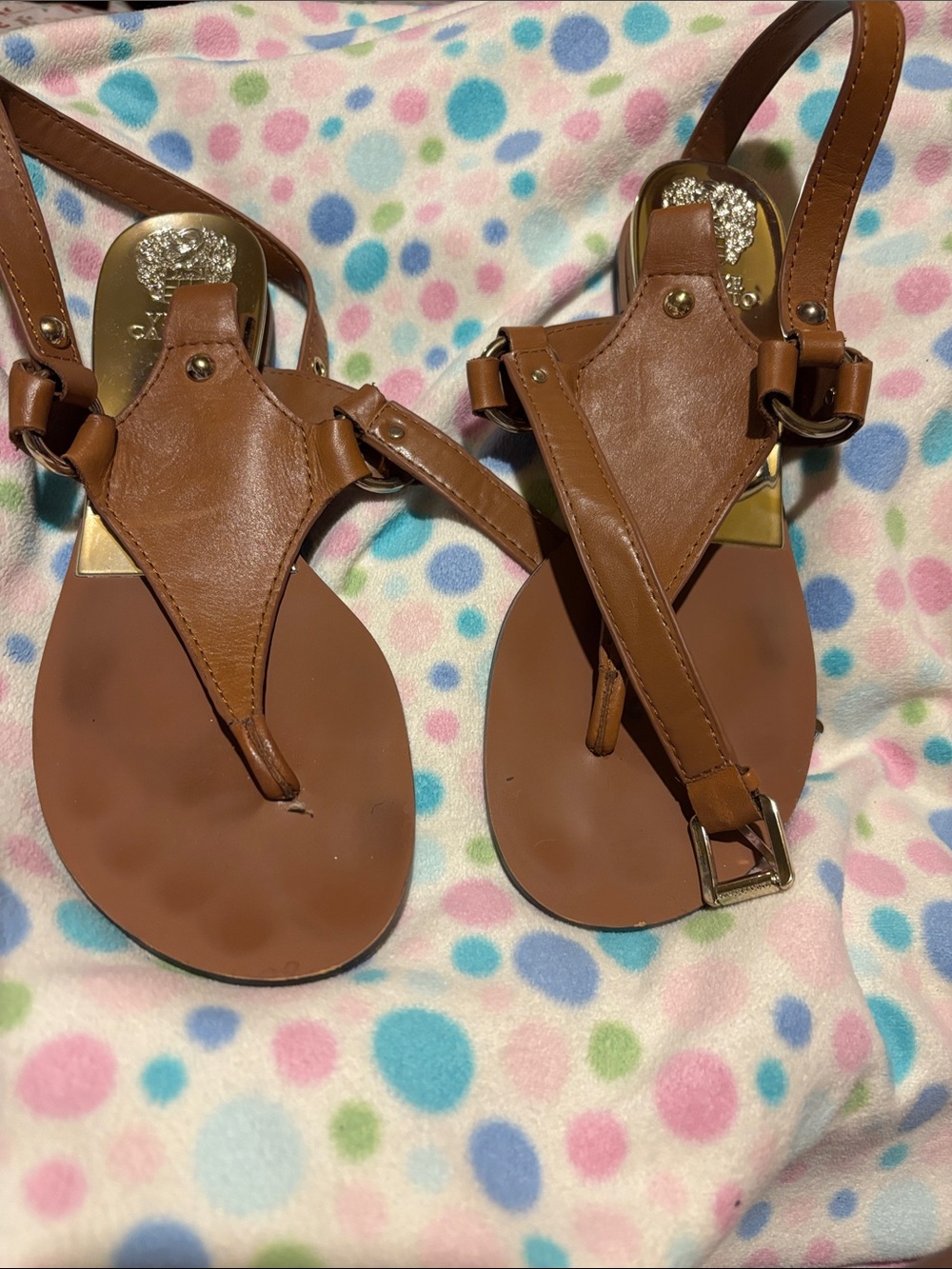 Vince Camuto Tan Leather T-Strap Sandals with Gold Accent